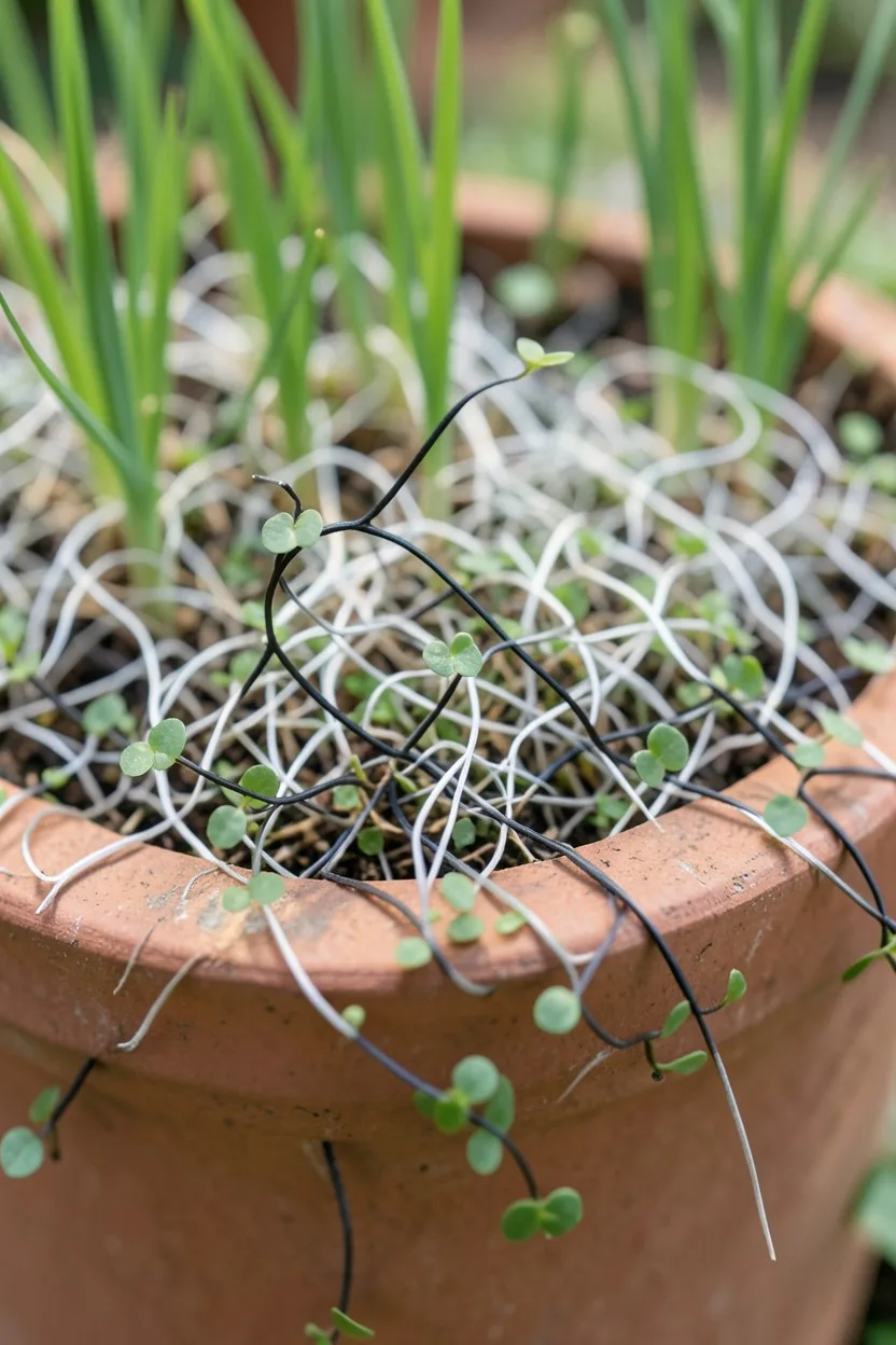 Close-up macro shot, 45-degree angle looking down at the pot rim. Delicate, fine black stems of creeping wire vine with tiny 
