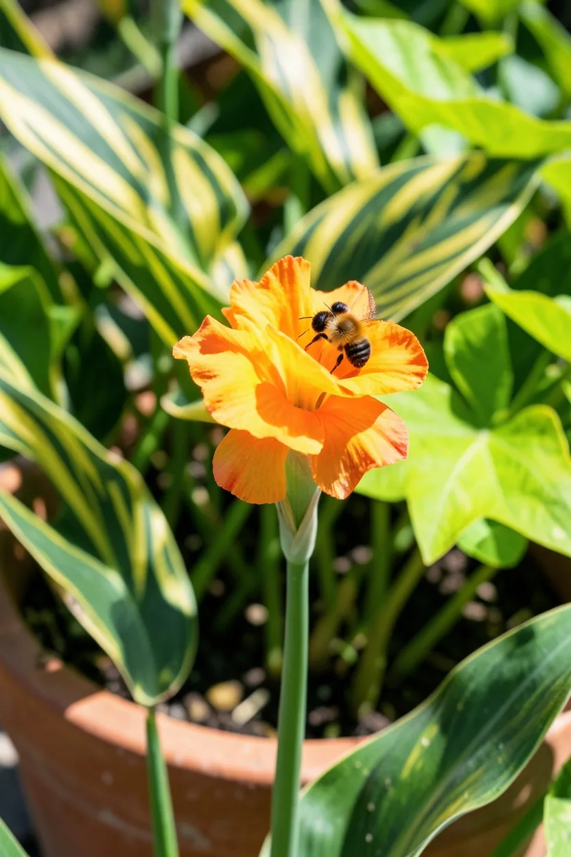 Bee or pollinator on bloom shot. A close-up view of a vibrant orange canna lily flower with a bumblebee landing on its petal.