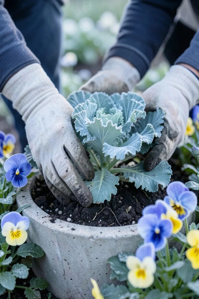 Lifestyle shot with hands. A pair of gloved gardener's hands gently patting down soil around the base of a crisp blue-green o