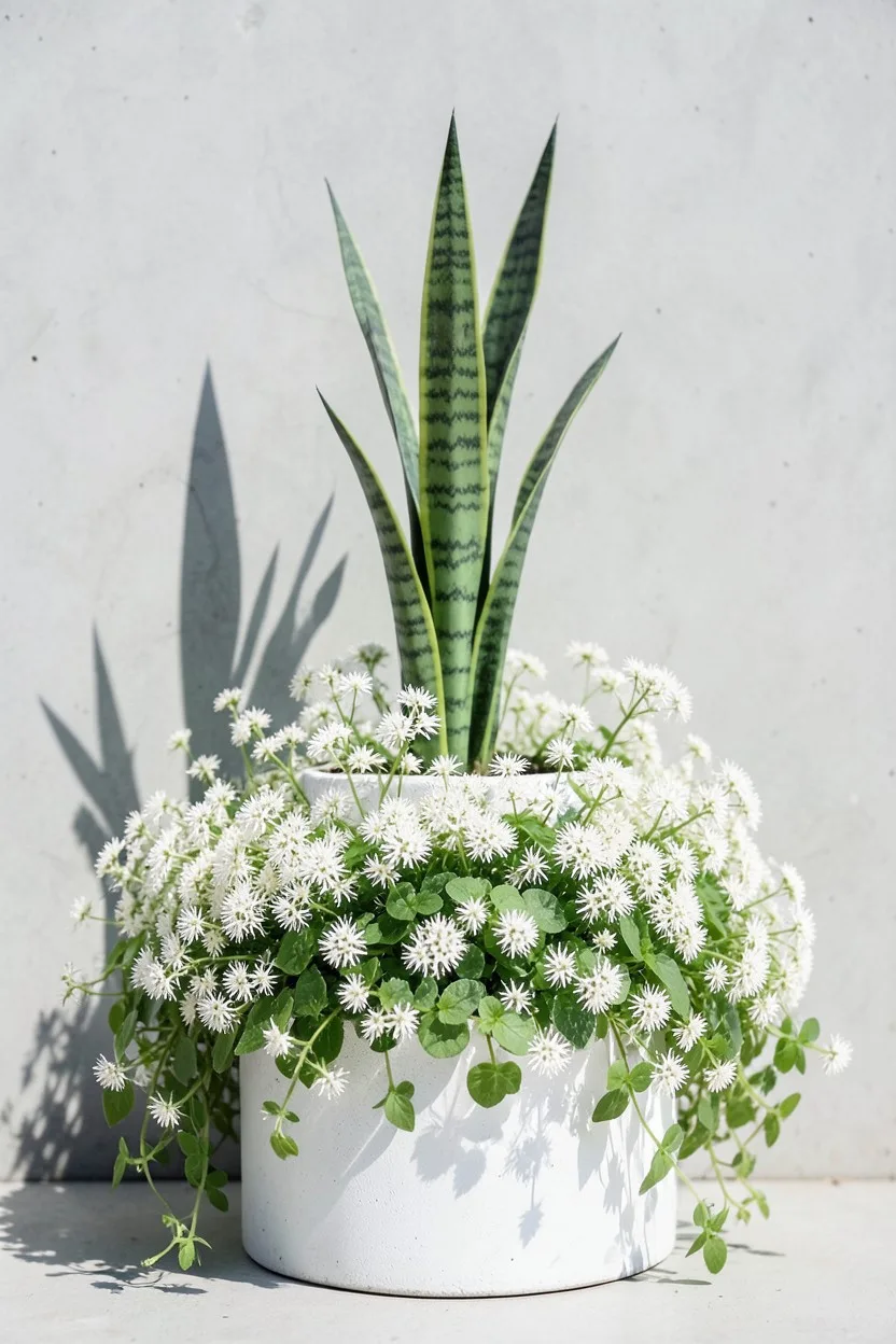 Environmental medium shot, straight-on composition. A tall, cylindrical minimalist white concrete pot containing a sharp, upr