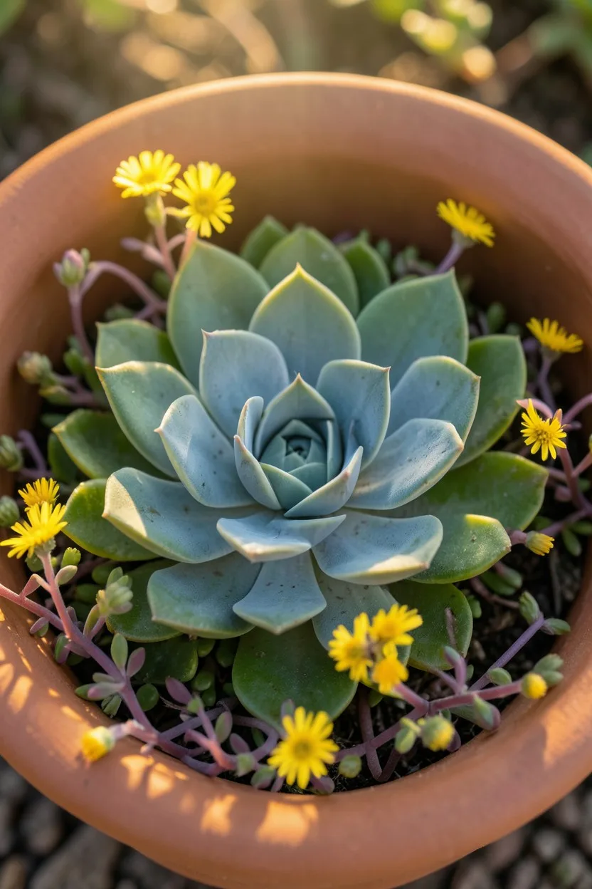 Close-up macro shot, high-angle looking down into a wide terra-cotta bowl. A sharp blue-gray agave rosette center is framed b