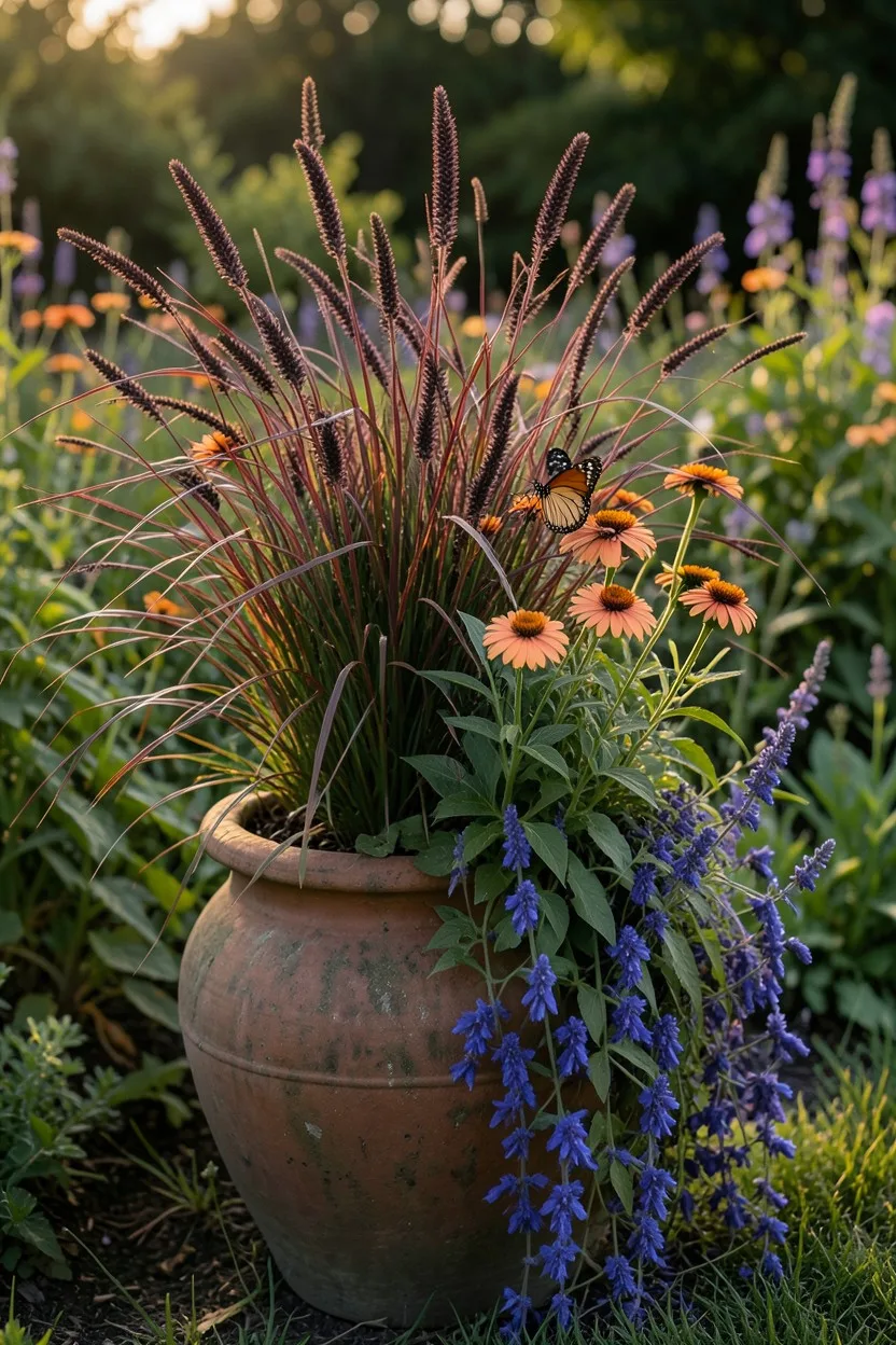 Wide garden scene shot. A large, weathered clay pot overflowing with dark purple millet grass spikes, orange-salmon zinnias, 