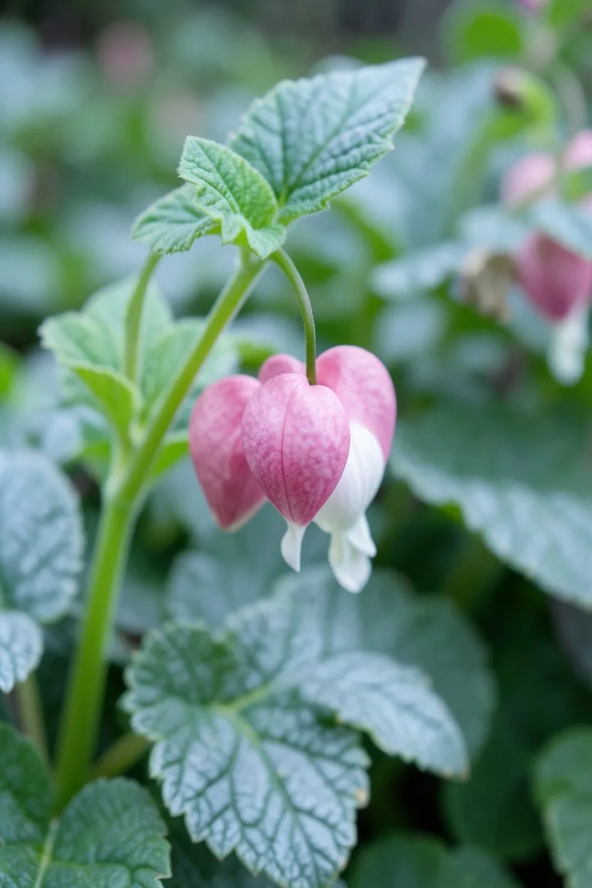 Close-up macro shot, side angle. Dangling pink and white heart-shaped bleeding heart flowers hanging from a bright chartreuse