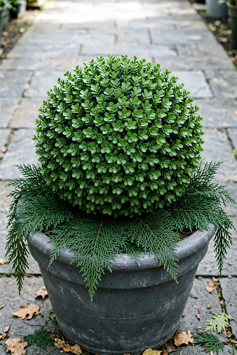 Tuck in Hardy Faux Boxwood Spheres for Symmetry