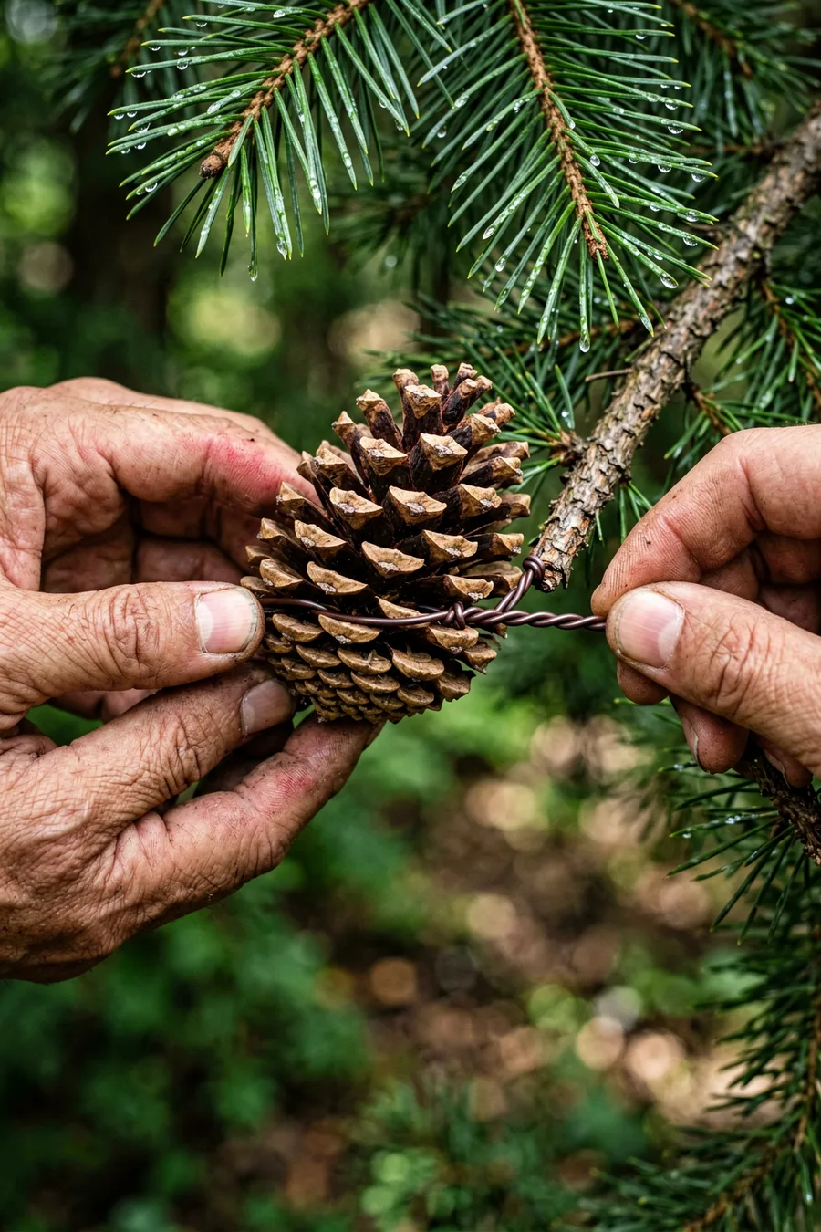 Wire Oversized Sugar Pinecones to Structural Branches