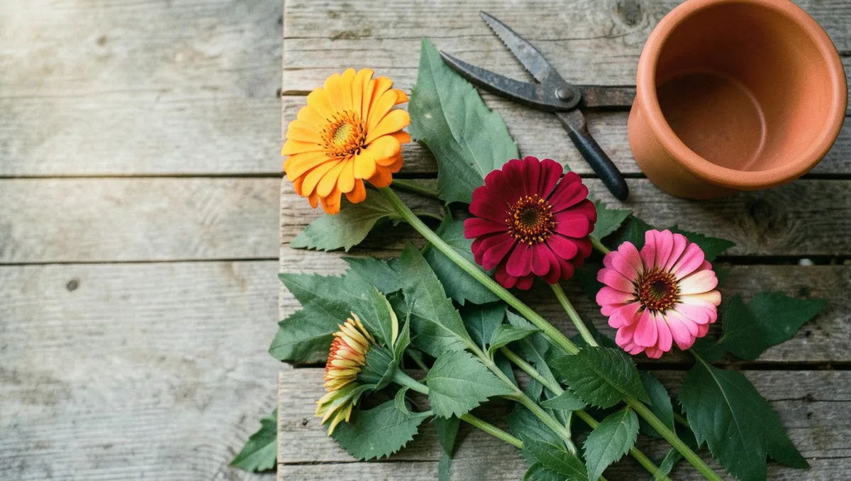 Overhead flat lay photograph, 16:9 landscape ratio. Four different zinnia specimens including a fiery orange Profusion zinnia