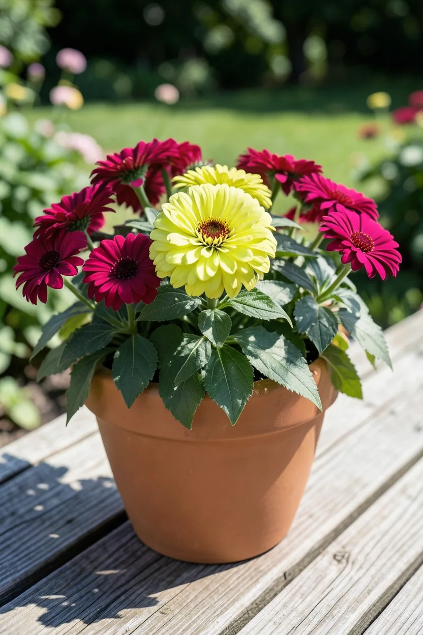 Environmental medium shot, 45-degree angle. A lush 14-inch unglazed terracotta pot overflowing with a lime-green Benary's Gia