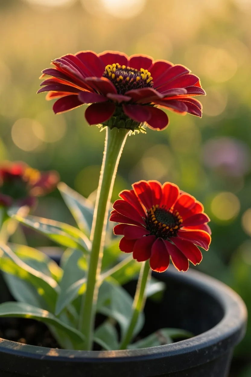 Close-up macro shot, side angle. Clear distinction between a two-inch Oklahoma Red zinnia bloom on a tall green stem and a sm