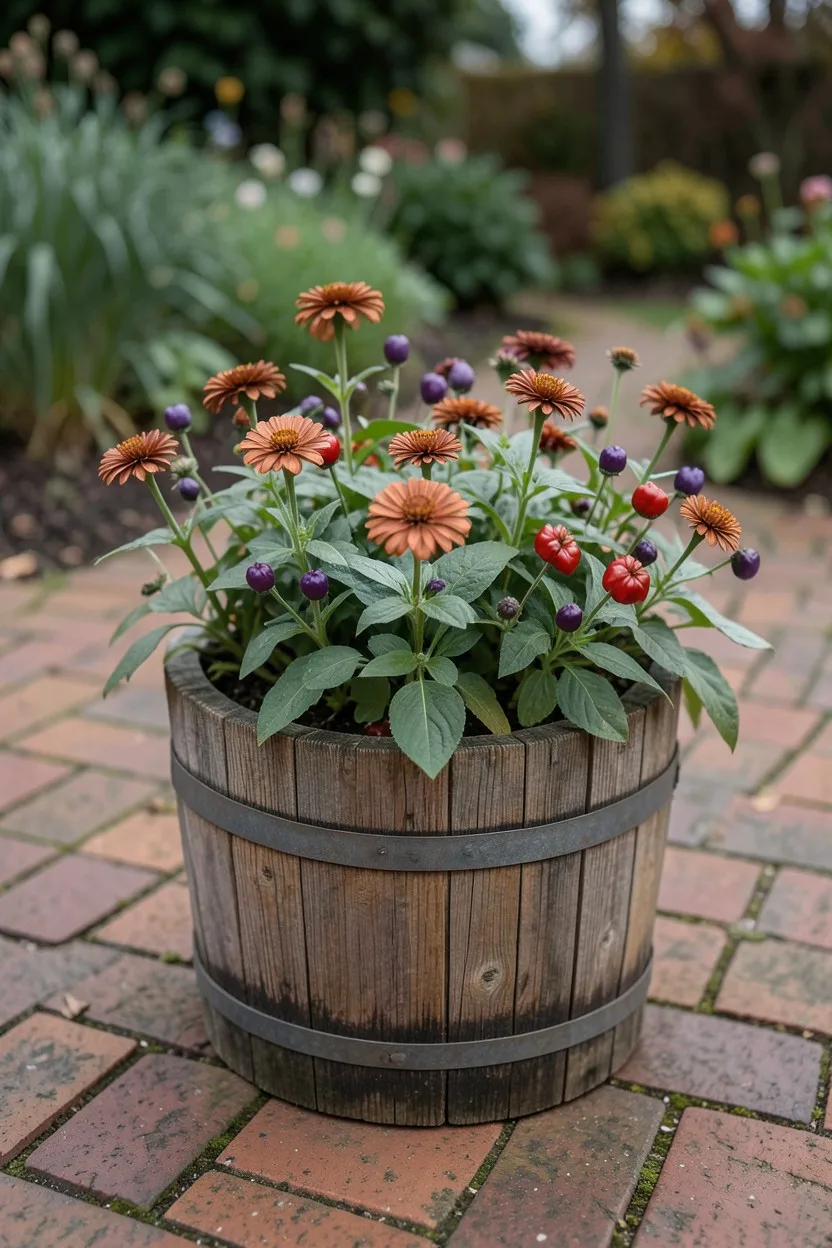 Harvest or use shot. A rustic half-barrel wooden planter sitting on an old brick patio filled with antique copper-colored zin