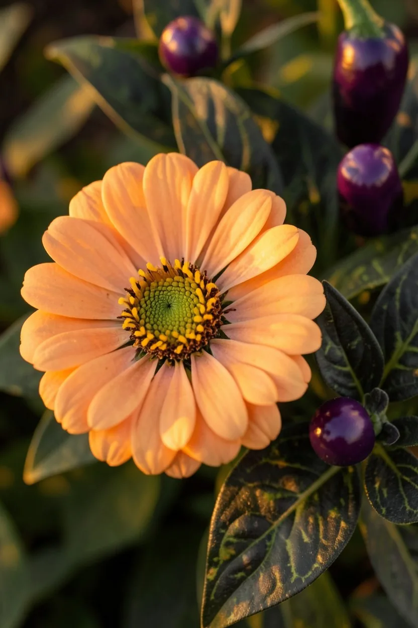 Close-up macro shot, angled looking down. A stunning Queen Lime Orange zinnia bloom displaying its unique dusty lime center t