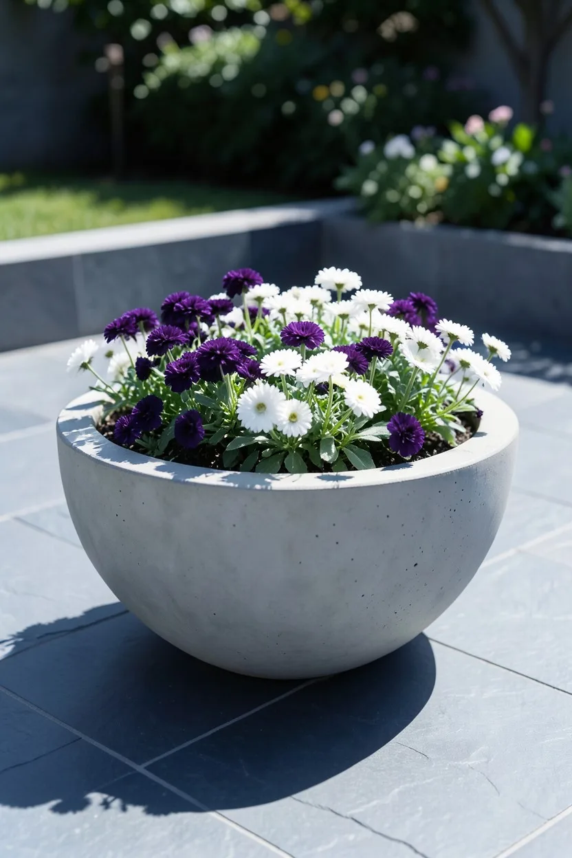 Environmental medium shot. A large, low minimalist concrete bowl planter sits on a sleek slate tiled patio. The bowl is packe
