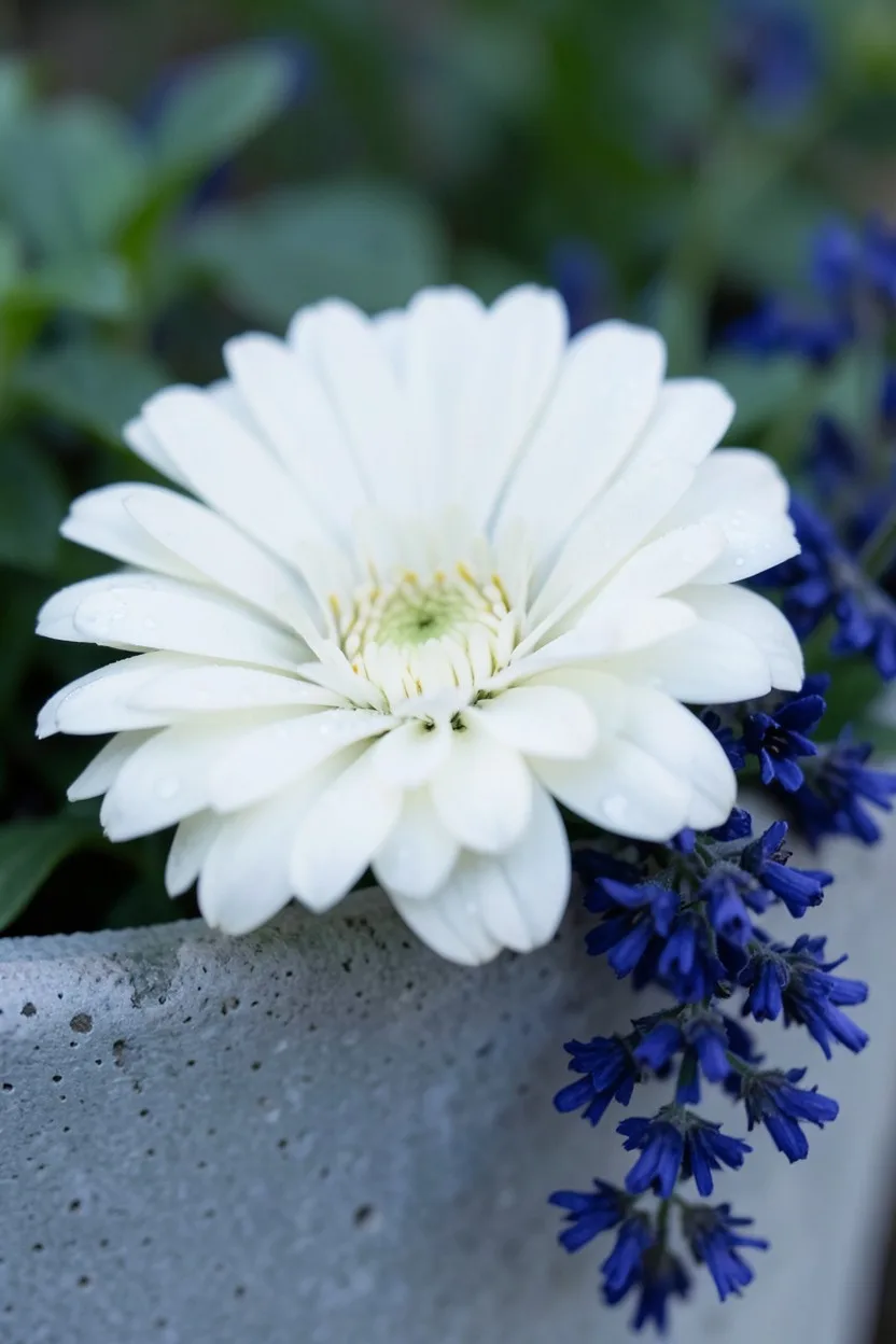 Close-up macro shot, side angle. A pristine, pure white Zahara White zinnia bloom contrasted directly against a cluster of ti