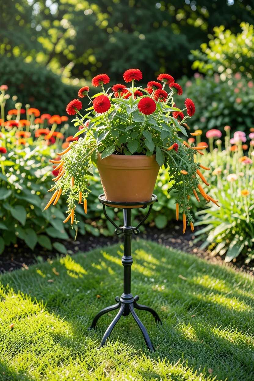 Wide garden scene shot. A tall, classic black iron plant stand holding a terracotta pot filled with bright red zinnias and tr
