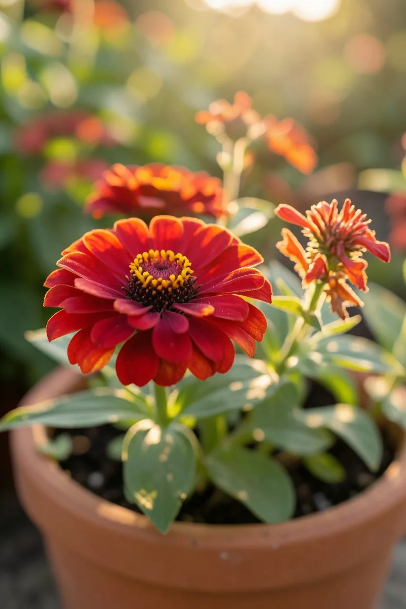 Close-up macro shot, eye-level. A vibrant, fully double Magellan Red zinnia flower blooming beautifully right next to the del