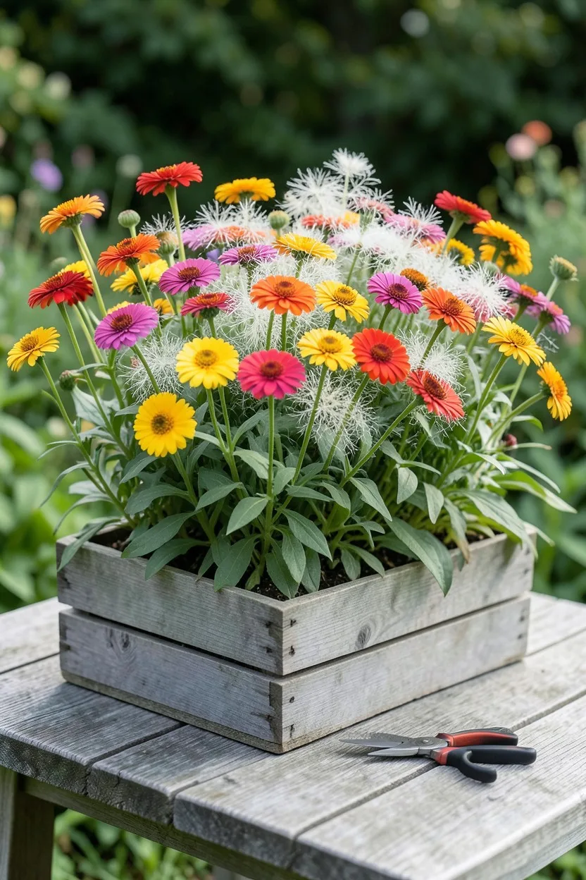 Harvest or use shot. A rustic rectangular wooden crate planter sitting on an outdoor table, packed tightly with tall, long-st