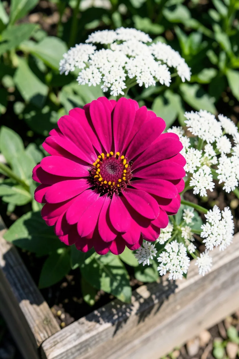Close-up macro shot, 45-degree angle looking down. A massive, fully open vibrant magenta State Fair zinnia bloom standing nex