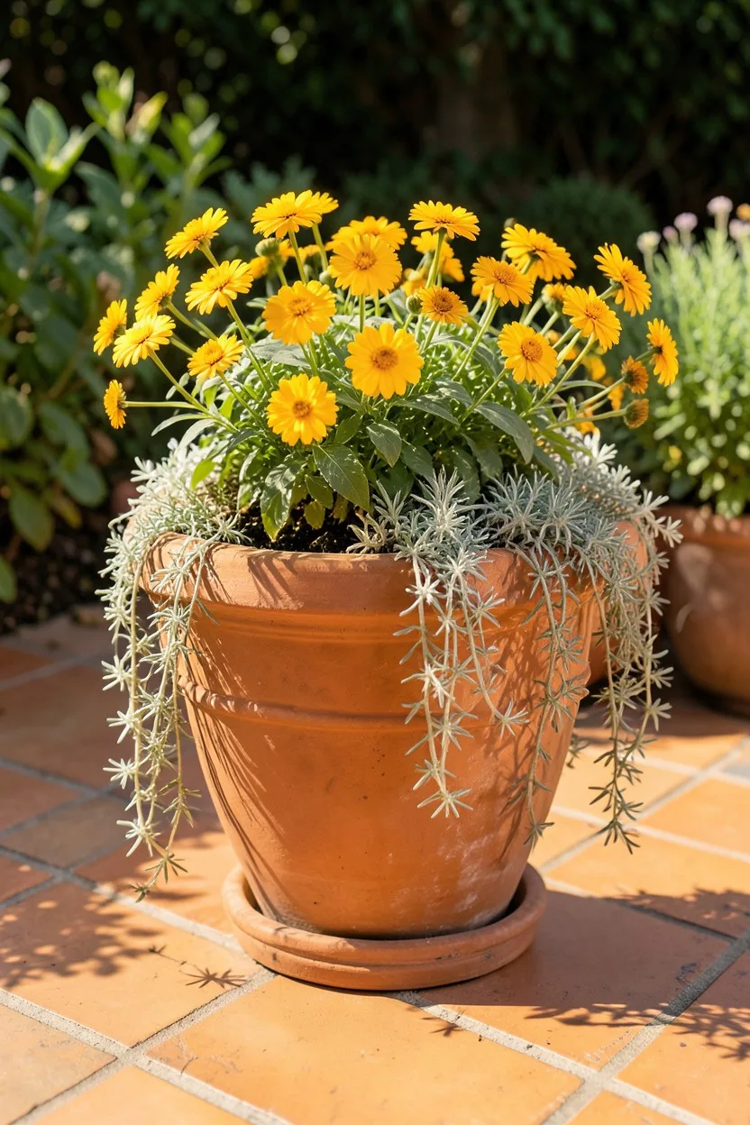 Environmental medium shot. A large classic terracotta pot sitting on a sun-baked stone patio surrounded by warm terracotta ti