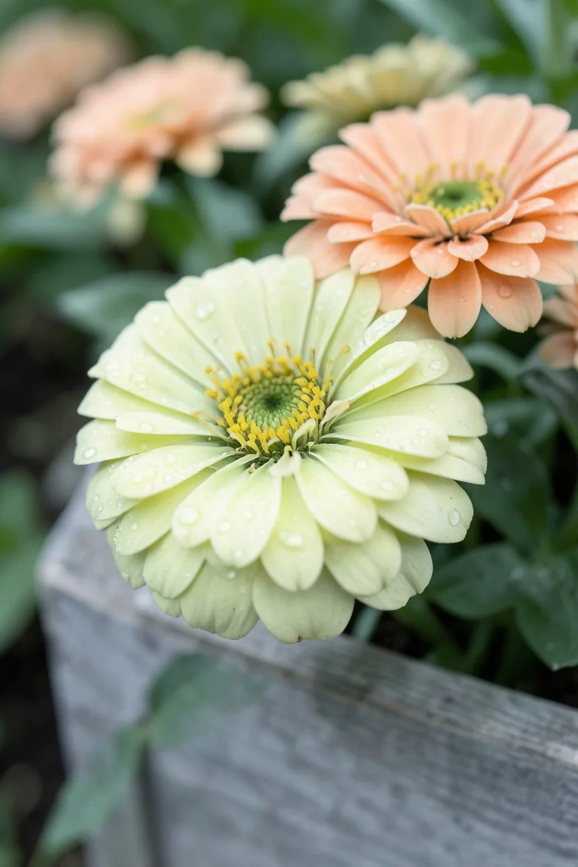 Close-up macro shot of a single fully double Benary's Giant Lime zinnia blooming majestically alongside a soft Magellan Salmo