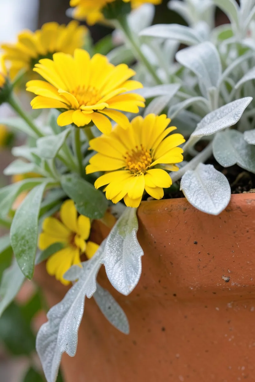 Close-up macro shot, looking slightly upward from a low angle. Bright, non-fading yellow blooms of a Zahara Yellow zinnia jux