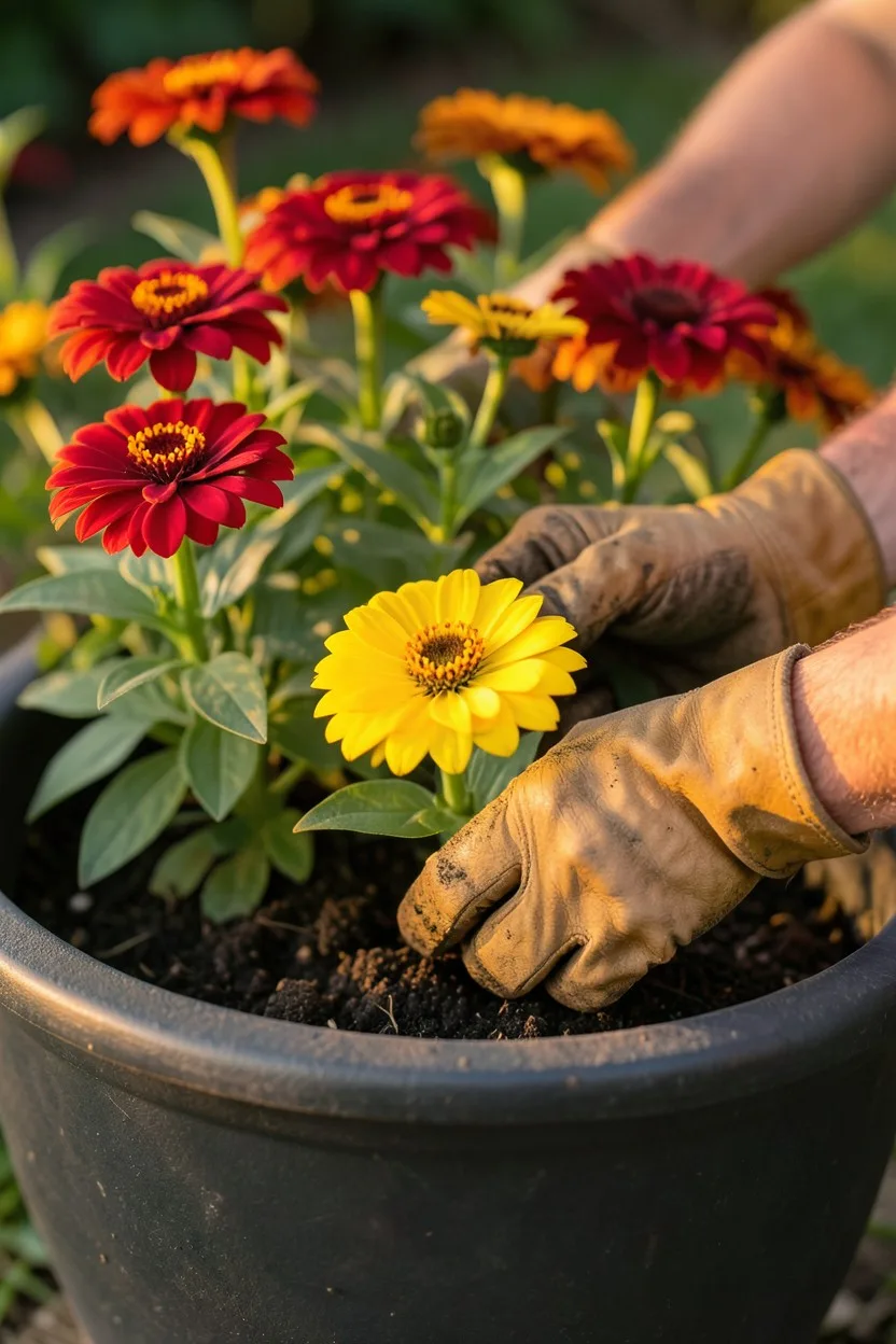 Lifestyle shot with hands. A gardener's hands wearing tan leather gloves are carefully firming potting soil around the base o