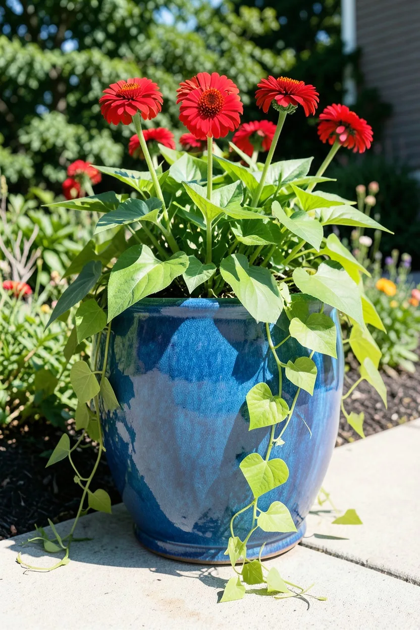 Environmental medium shot from a low angle. A beautiful large blue glazed ceramic container features vibrant Zahara Scarlet z
