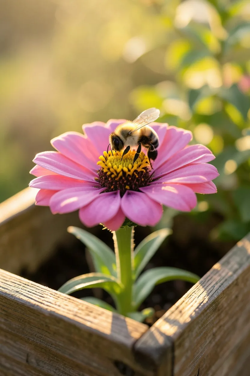 Bee or pollinator shot. A close-up shot of a fuzzy bumblebee actively collecting pollen from the sunny yellow center of a sin