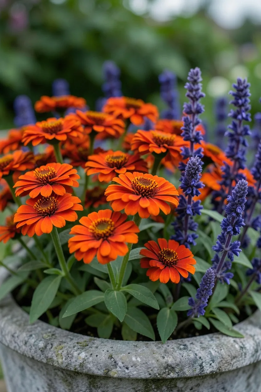 Close-up macro shot, eye-level angle. A dense cluster of intense reddish-orange Profusion Fire zinnias growing alongside the 