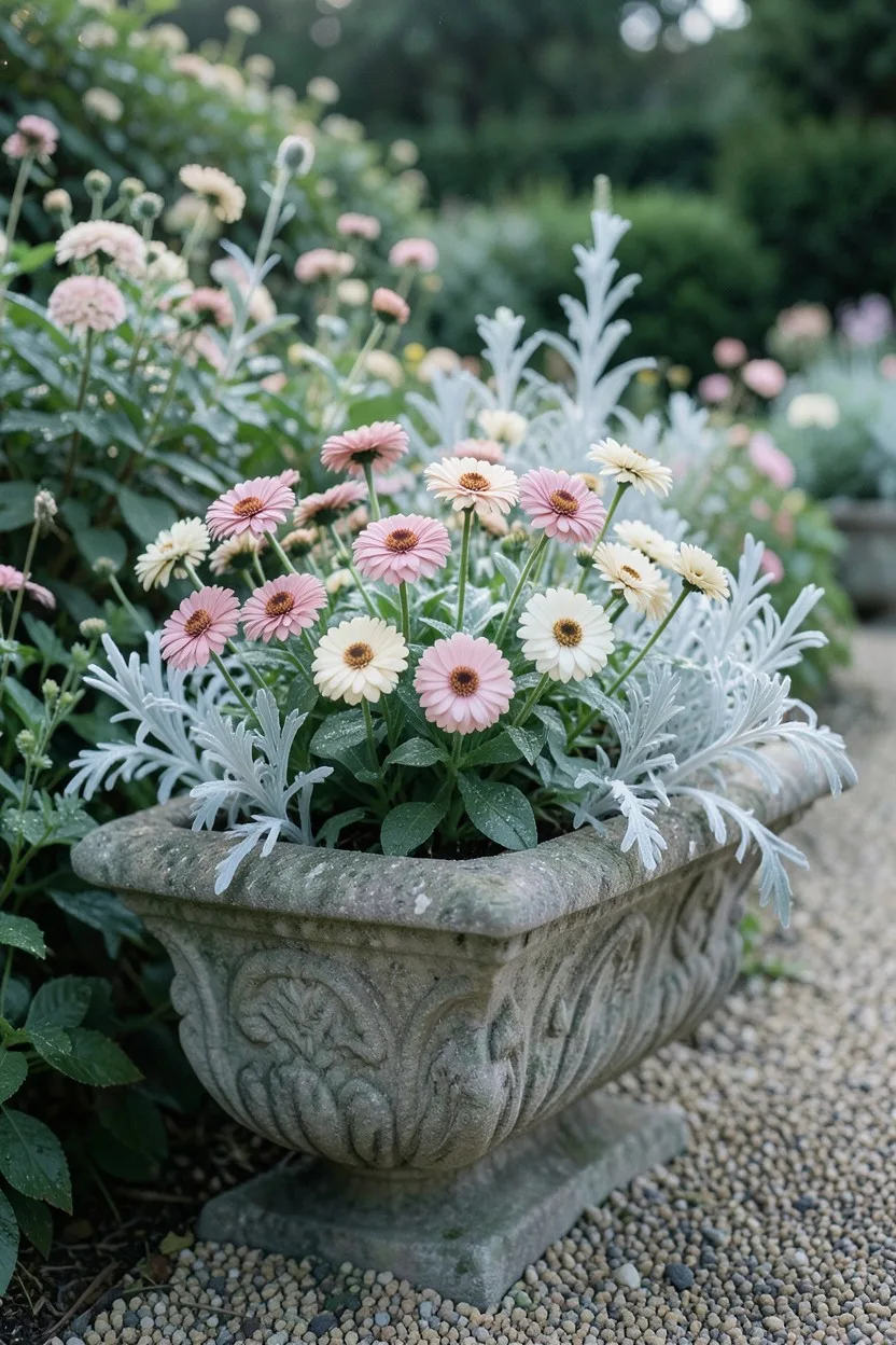 Wide garden scene shot. An elegant weathered English stone trough planter sitting along a gravel path in a cottage garden. Th