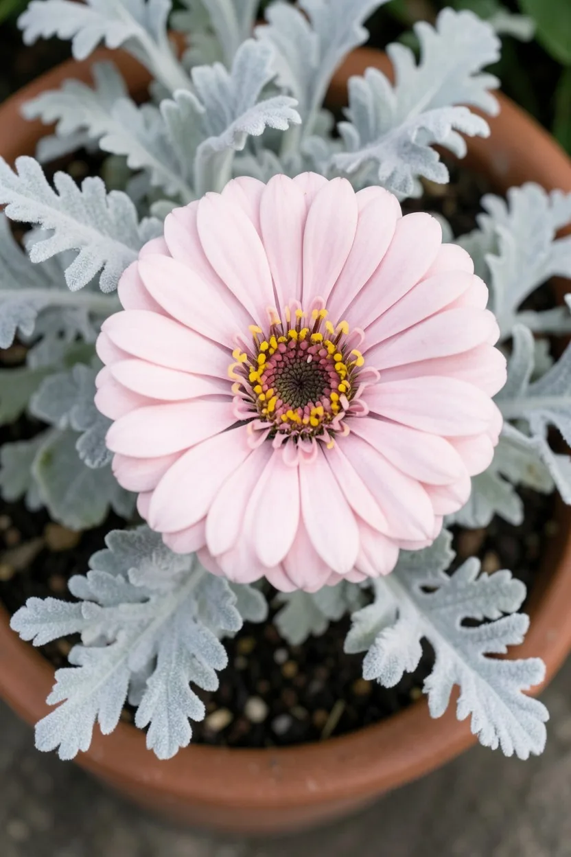 Close-up macro shot from a top-down angle. A massive, fully open soft pink Dreamland Pink zinnia bloom nestled against the in