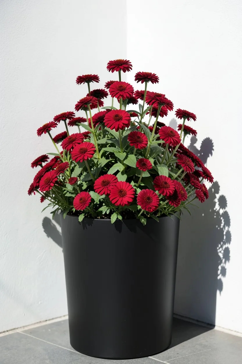 Environmental medium shot, eye-level. A modern, tall cylindrical matte black composite planter filled entirely with a tiered 