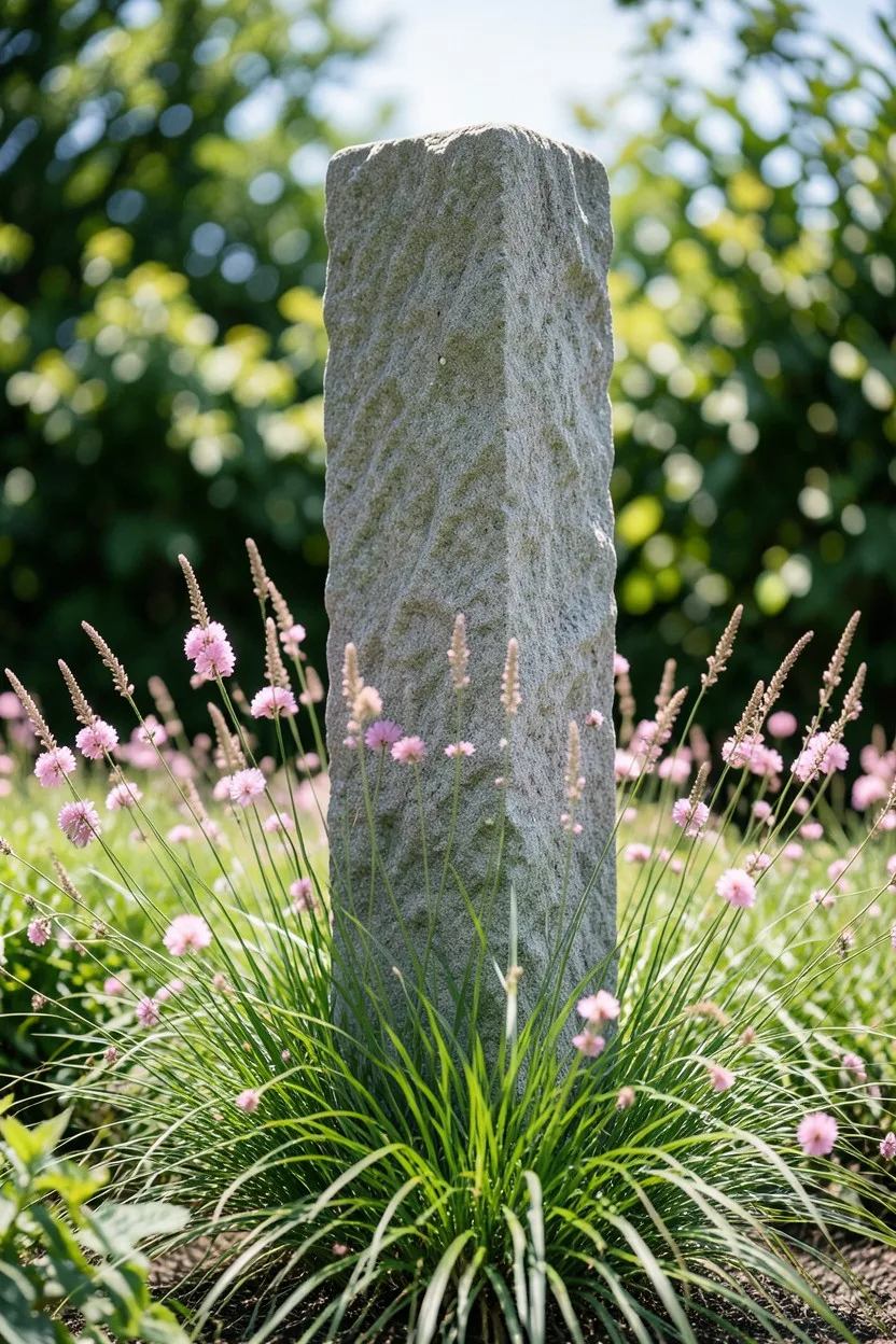 Monolithic Vertical Stone Pillars Placed in Perennial Beds
