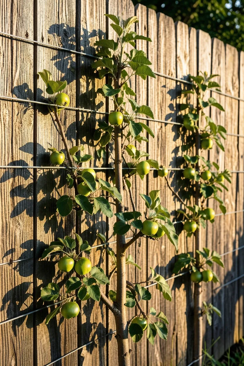 Symmetrical Espalier Fruit Trees Against Plain Fences