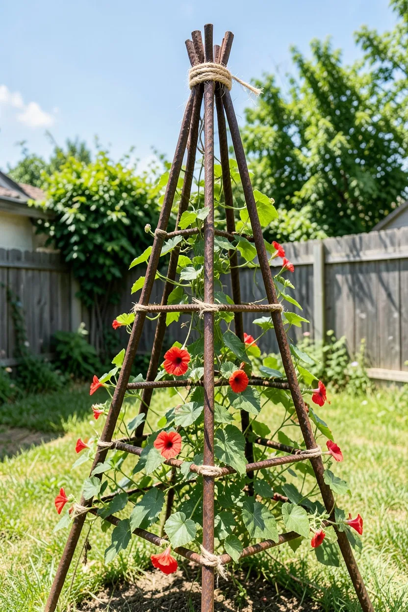 Heavy-Duty Rebar and Twine obelisk Trellises