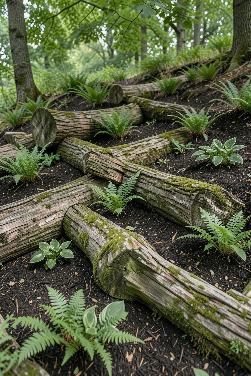 Upcycled Tree Trunks for Natural Terrace Retaining Walls