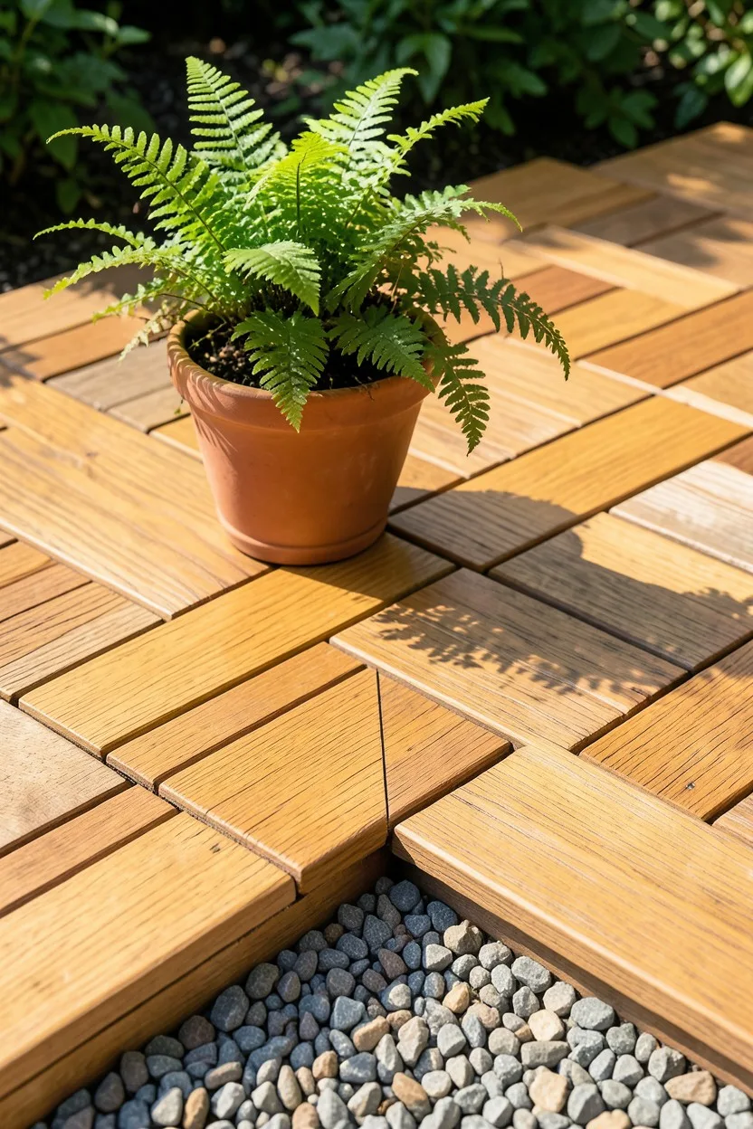 Interlocking Deck Tiles over Simple Pea Stone