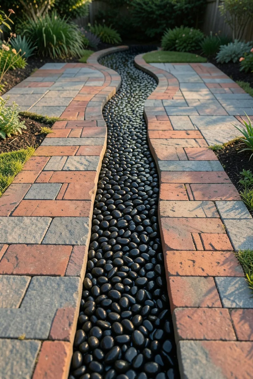 Mixed Media Pavers and Polished River Pebble Ribbon