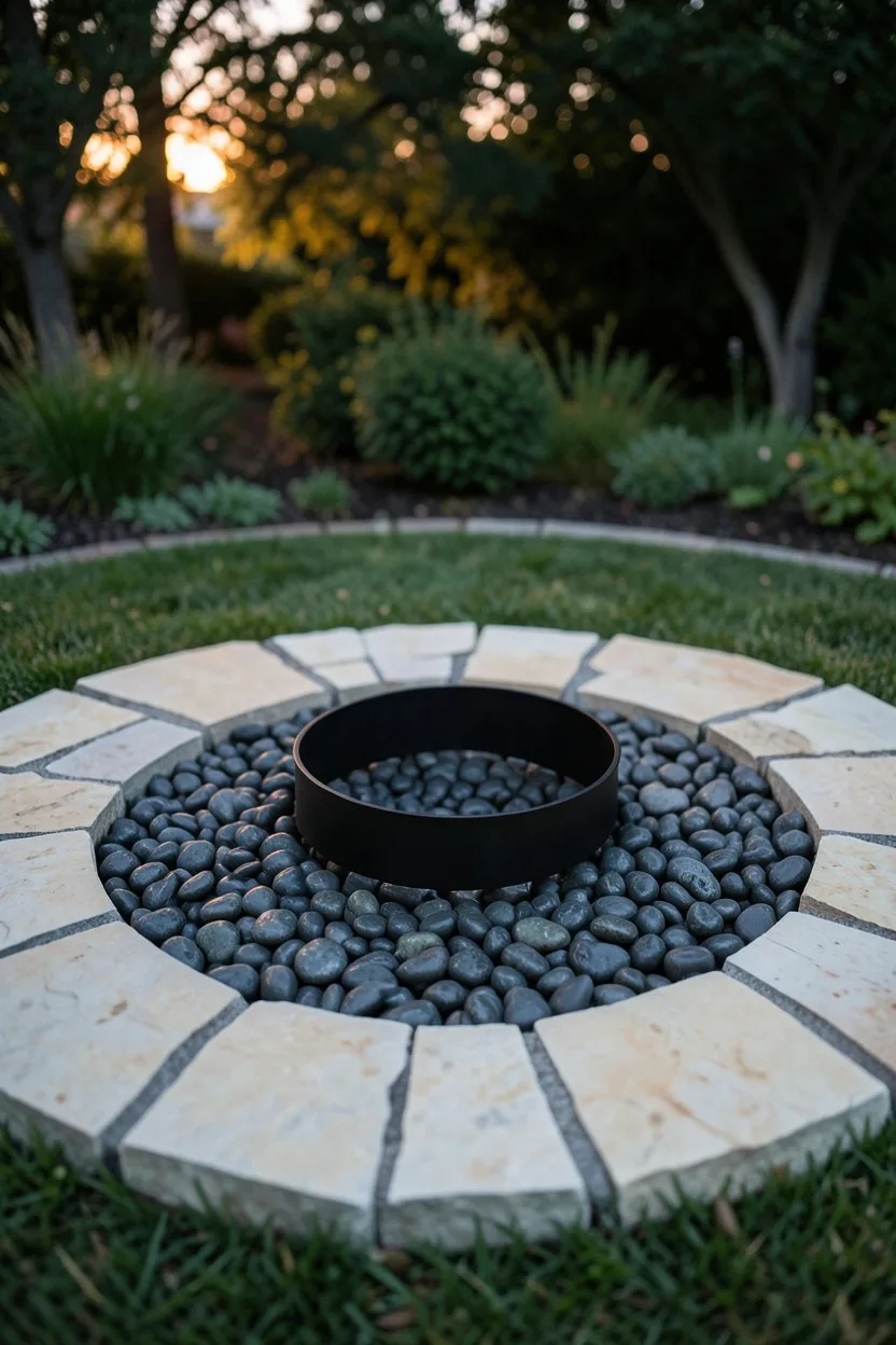 Circular Flagstone Hearth with Dark River Rock