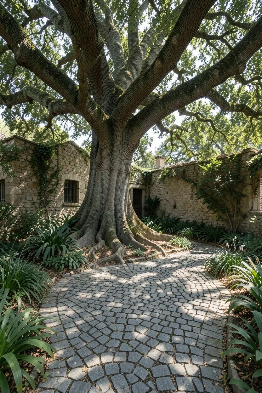 Cobblestone Courtyard for Shady Under-Tree Seating