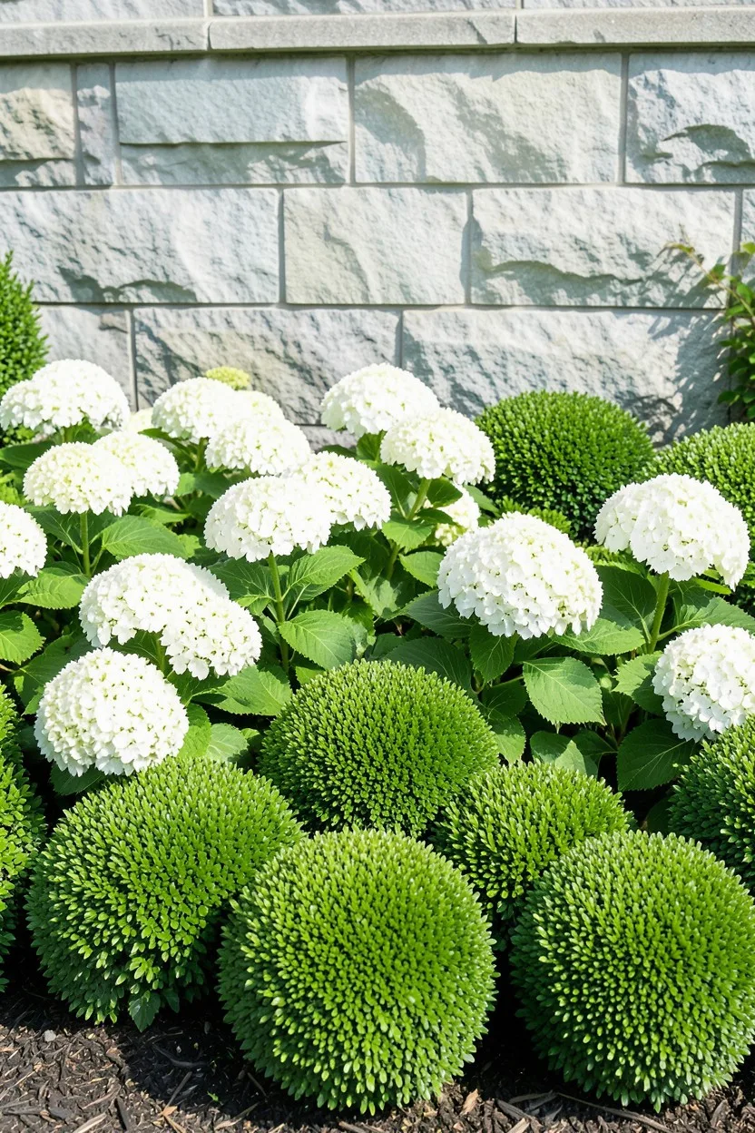 Textural Mixed Shrub Hedges with Structural Boxwood Globes