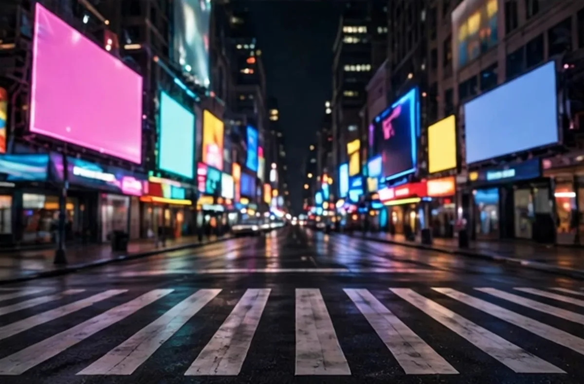 Empty city crossing at night with blank colourful billboards