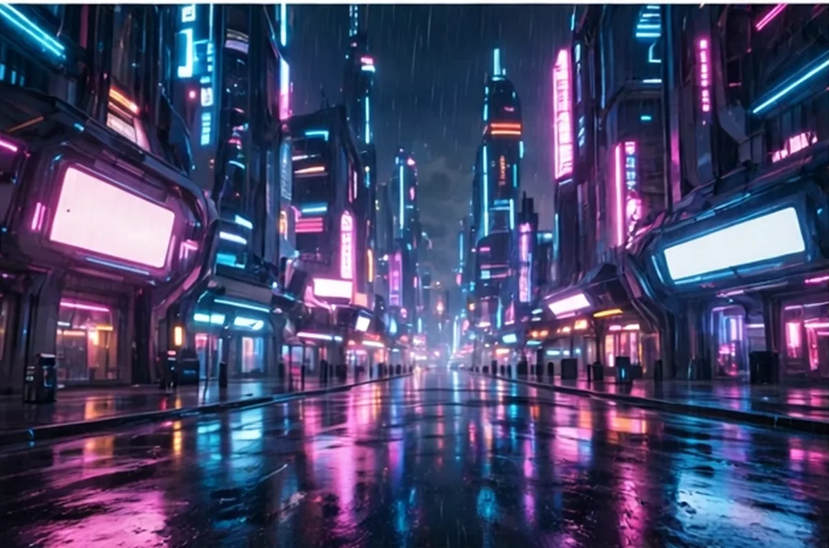 Rainy futuristic neon city street at night