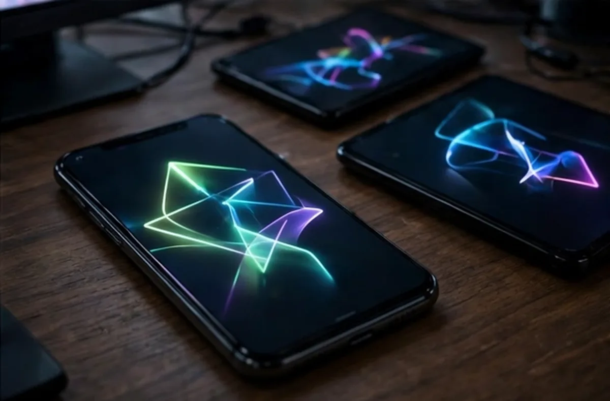 Smartphones with abstract glowing shapes on a table