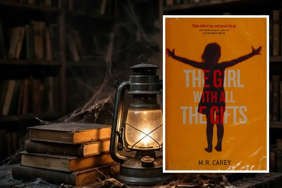 The Girl with All the Gifts book cover by M. R. Carey placed in an old library scene with a lantern