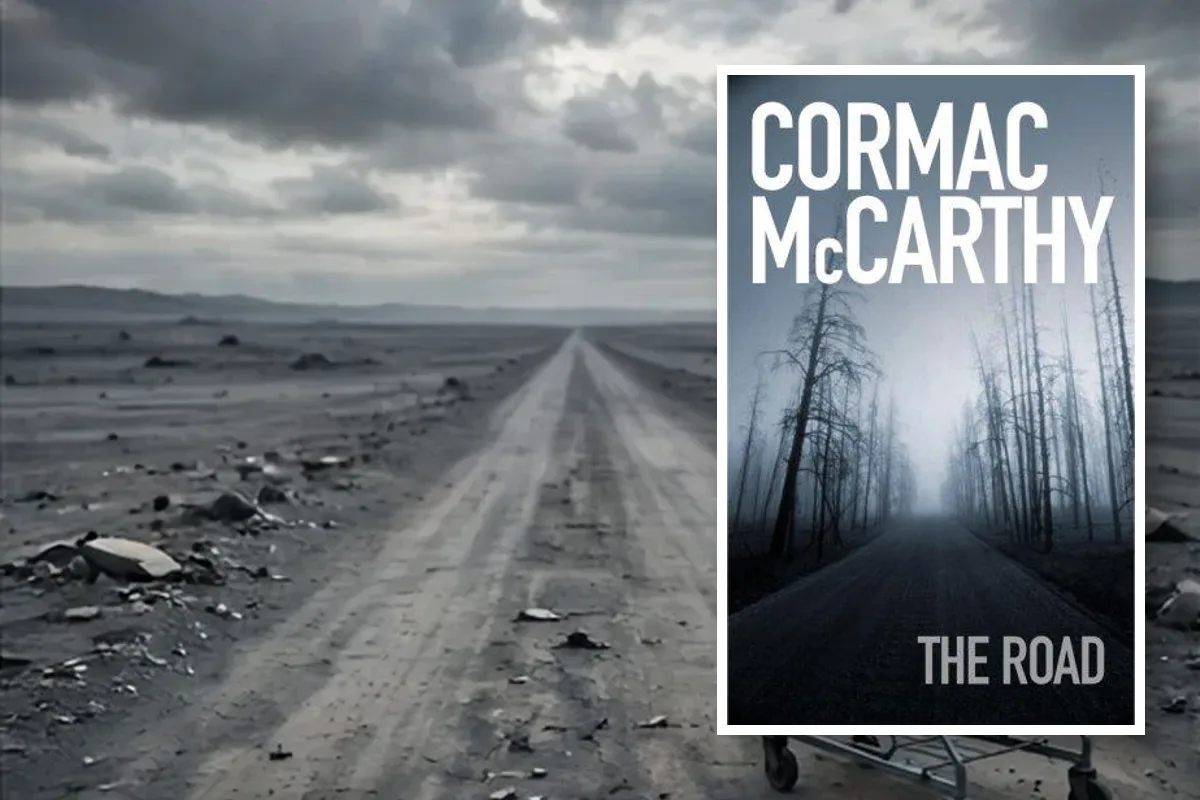 The Road book cover by Cormac McCarthy placed over a grey empty road scene
