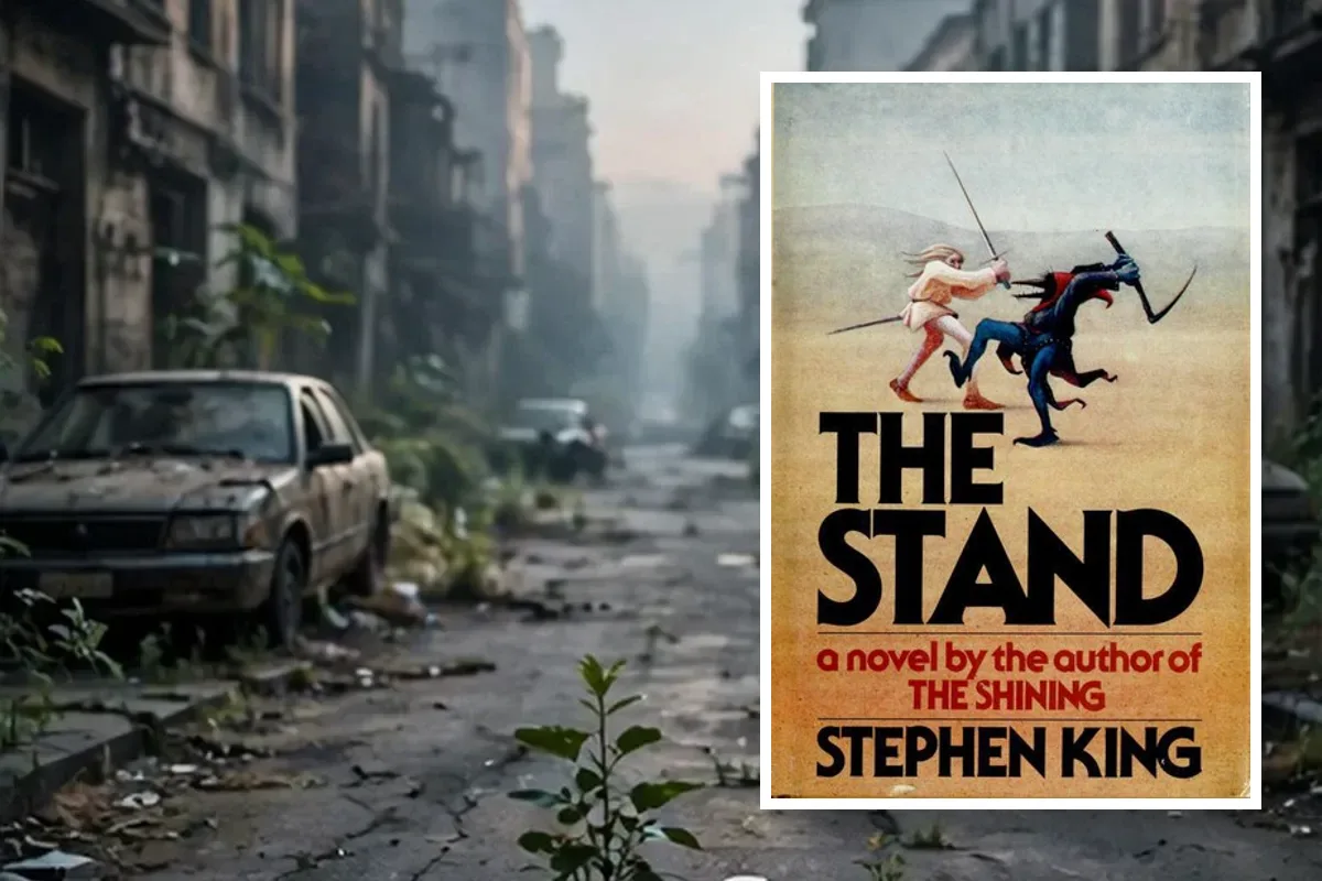 The Stand book cover by Stephen King placed in a deserted street scene