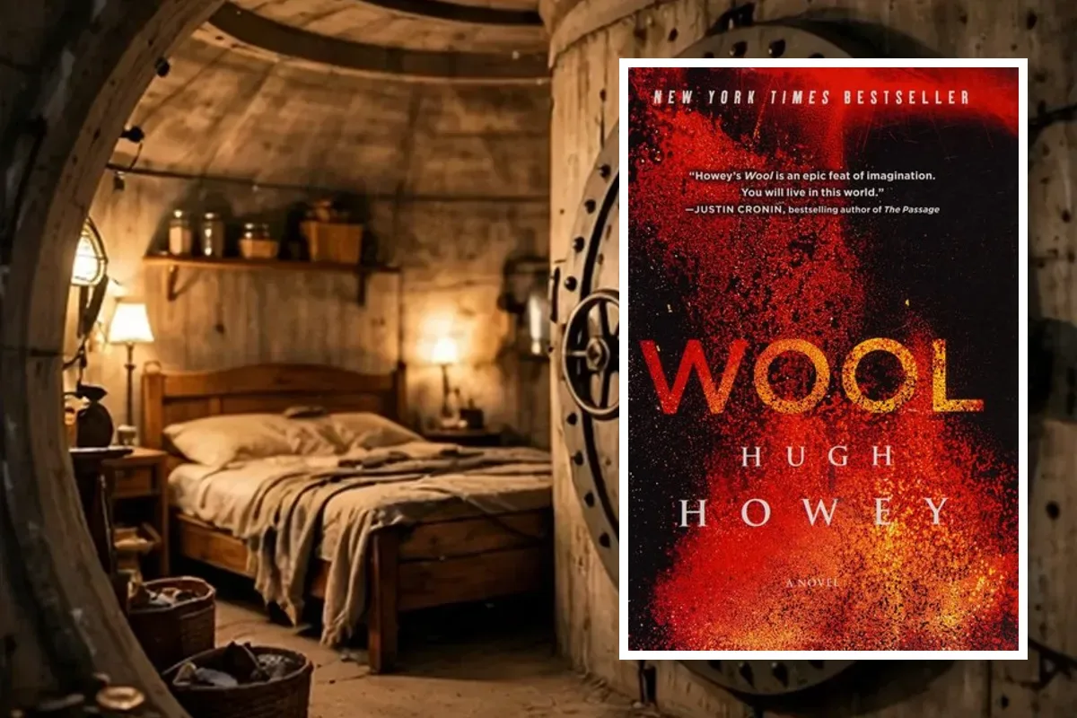 Wool book cover by Hugh Howey placed in an underground silo room scene