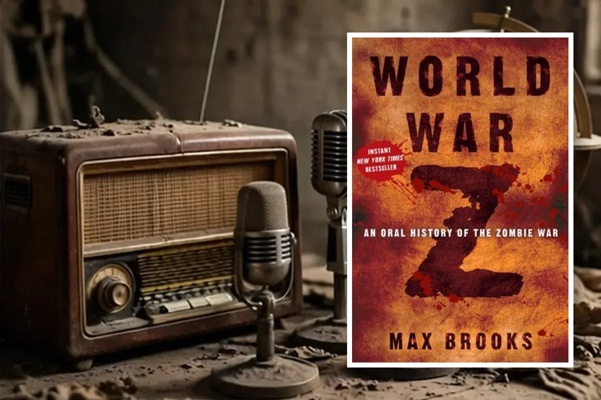 World War Z book cover by Max Brooks placed beside a vintage radio and microphone