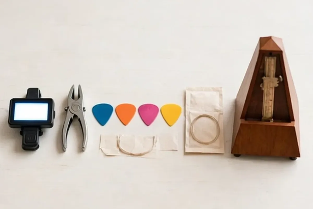 Guitar learning accessories arranged in a row on a table