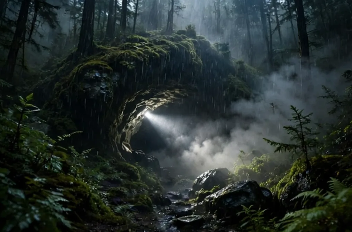 Rainy forest cave with a beam of light in the mist