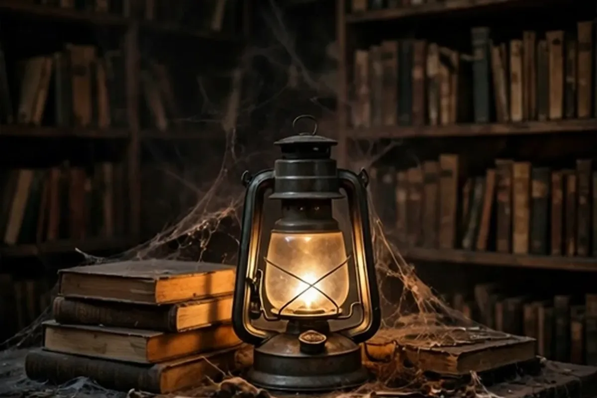 Lantern and old books in a dim abandoned library